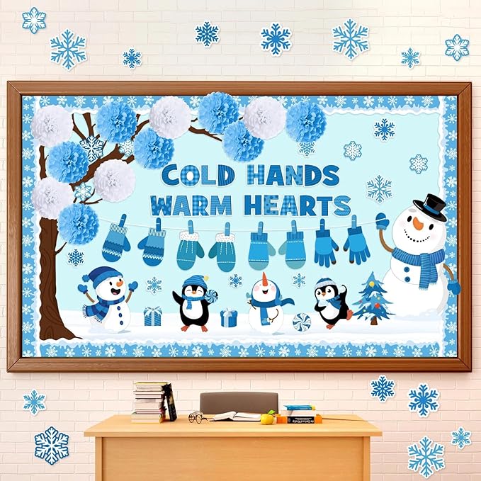 Gilprop 127 Pcs Winter Bulletin Board Set 3D Winter Tree Bulletin Board Decorations with Paper Pom Poms Snowman Penguin Snowflake Gloves Cold Hands Warm Hearts Cutouts for School Classroom Supplies
