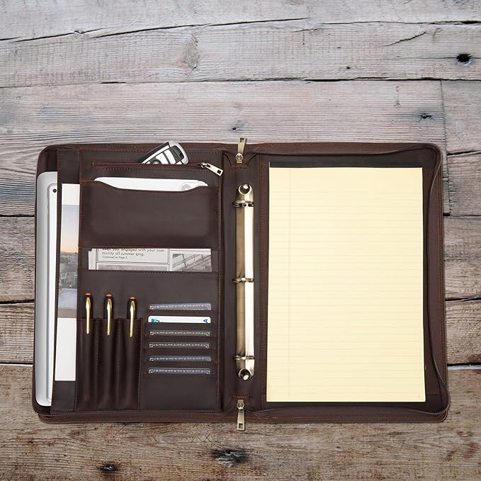 Genuine Leather 3 Ring Binder Portfolio, 8.5 x 14 Legal Size Pad Holder, Hidden Handle, Zippered Padfolio with 15” Laptop Organizer, Professional Business Folio for Men Women, Dark Brown