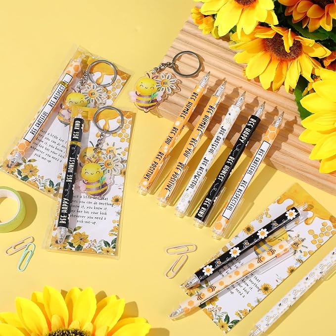 Kosiz 30 Sets Bee Party Favors End of Year Gifts Positive Ballpoint Pens Honey Flower Keychains and Bookmarks Bulk Bee Themed Inspiration Gifts for Student Class Reward School Office Prizes