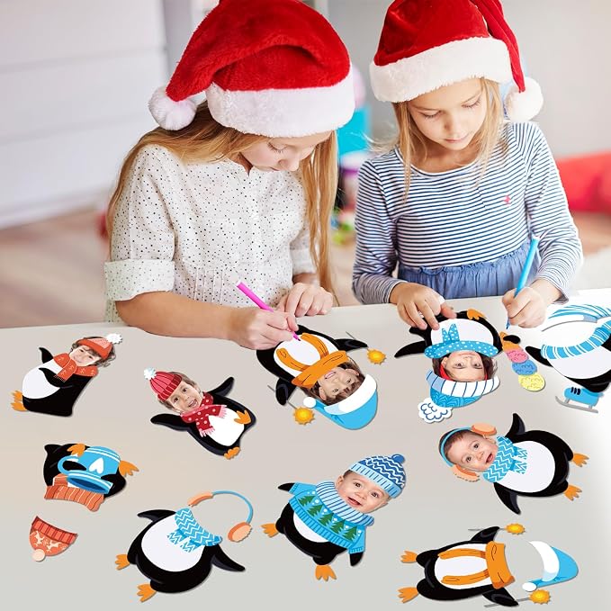 60pcs Winter Theme DIY Cutouts Penguin Bulletin Board Decoration Set Christmas Penguin with Hat Paper Cut-Outs Decor for Winter Holiday DIY Photo Craft Xmas Party School Classroom Wall Door Supplies
