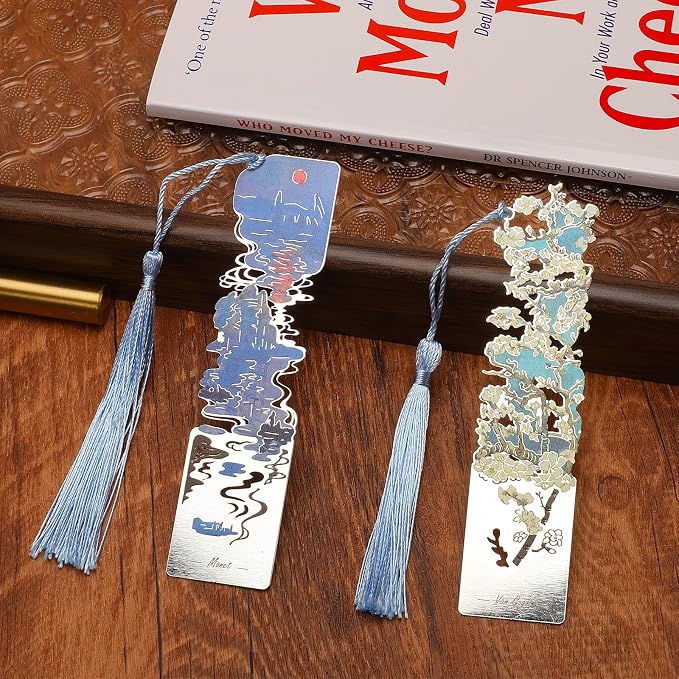 2 PCS Metal Bookmarks with Tassel, Almond Blossoms and Impression Sunrise Bookmark