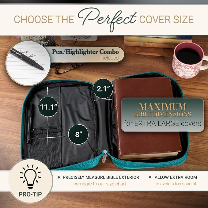 Christian Art Gifts Inspirational Vegan Leather Two-fold Organizer Bible Cover for Women, Jesus Fish Badge, Sturdy Carry Handle, Pen Loops, Pockets, Pen/Highlighter Combo & Notepad, Turquoise, XL