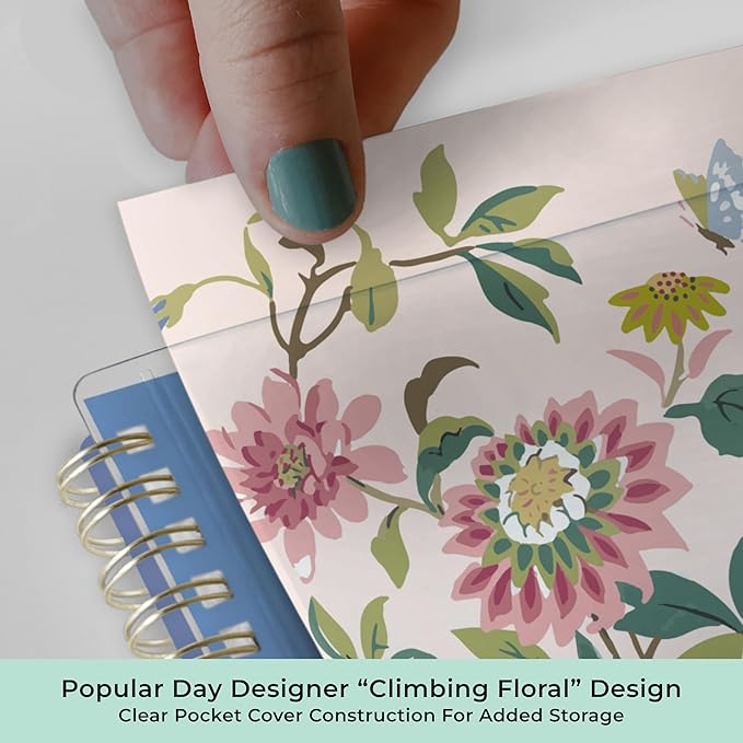 Blue Sky Day Designer 2026-2027 Weekly and Monthly Academic Year Planner Calendar, July 2026 - June 2027, 5" x 8", Clear Pocket Cover, Laminated Tabs, Storage Pocket, Includes Stickers, Climbing Floral Blush