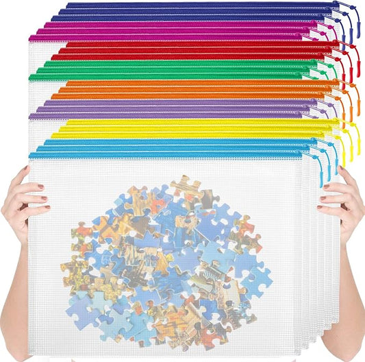 YOPCDJ 24pcs Mesh Zipper Pouch Bags, Large A3 17x12 Inches Reusable Zipper Bags Puzzle Storage 8 Colors Multipurpose for Board Games Travel Office Supplies and Home Organization