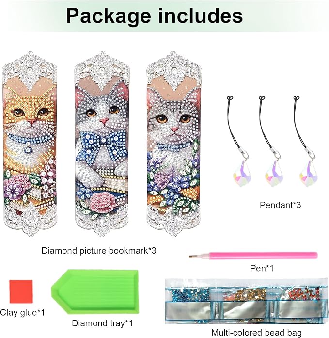 Tontut 3pcs Diamond Art Painting Kit Bookmarks, Cat on Books Fine General Purpose DIY Bookmarks, Lightweight and Durable, Suitable for Reading Lovers