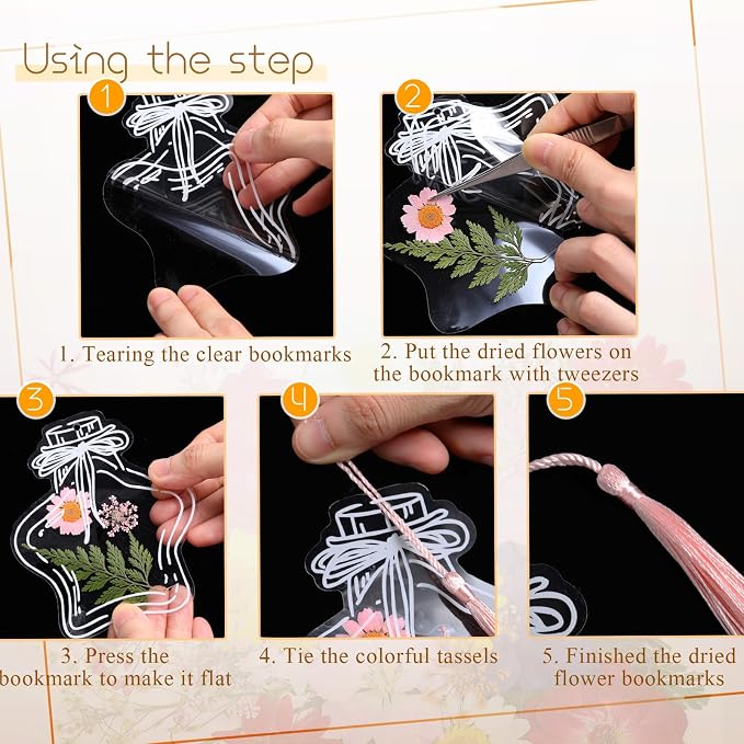 TaoBary 161 Pcs DIY Transparent Dried Flower Bookmark Set Include Clear Bookmarks Dried Flowers Colorful Tassels and Tweezer Handmade Dried Floral Bookmark for Reader Book Bottle(Delicate)