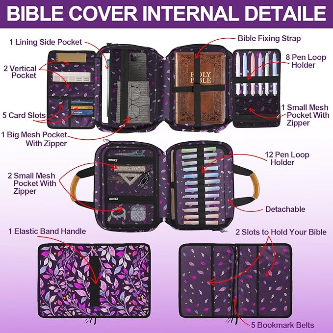Bible Cover Case for Women,Bible Carrier,Bible Holder,Large Bible Bag for Women Organizer,God is Within Her She Will Not Fall,Bible Study Supplies Kit With Highlighters,Tabs,Pens,Christian Gift Purple