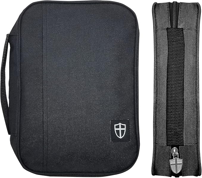 Armor of God Bible Cover & Book Cover | Oxford Cloth with Handle & Cross Emblem Zipper-Pull | 4 Pen Loops Inside Cover | Outside Pocket | Black & Lavender | Large & XL