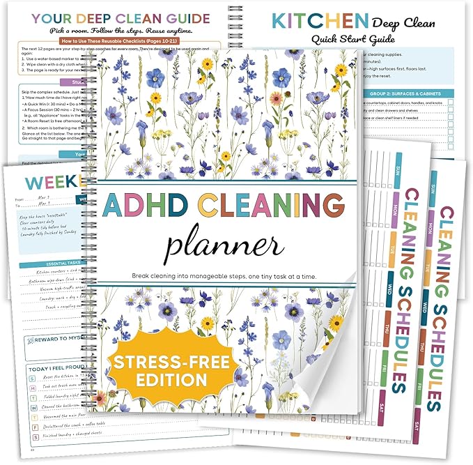 ADHD Cleaning Planner for Adults - Floral Cover Design. Undated Colorful Daily Weekly Monthly Quarterly Yearly Chore Tracker Log. Wipe-Clean PVC Spiral Journal for Organizing Home & Dopamine Menu List