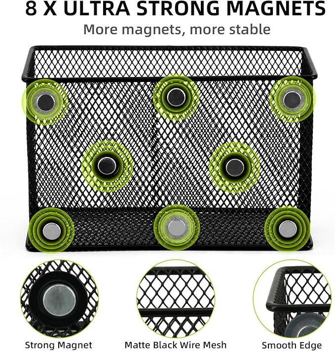 Neudeco Magnetic Locker Organizer and Accessories, Wire Mesh Magnetic Storage Basket, Magnetic Holder for Dry Erase Markers, Strong Magnet Pen Holder for Fridge School, Black, Pack of 6