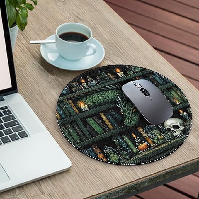 Gctriki Gothic Dragon Mouse Pad with Stitched Edges, Small Round Mouse Pads for Desk, Funny Travel Mousepad for Computer Laptop Office Desk Accessories Decor Mystical Library Vintage Book 8.6 inch