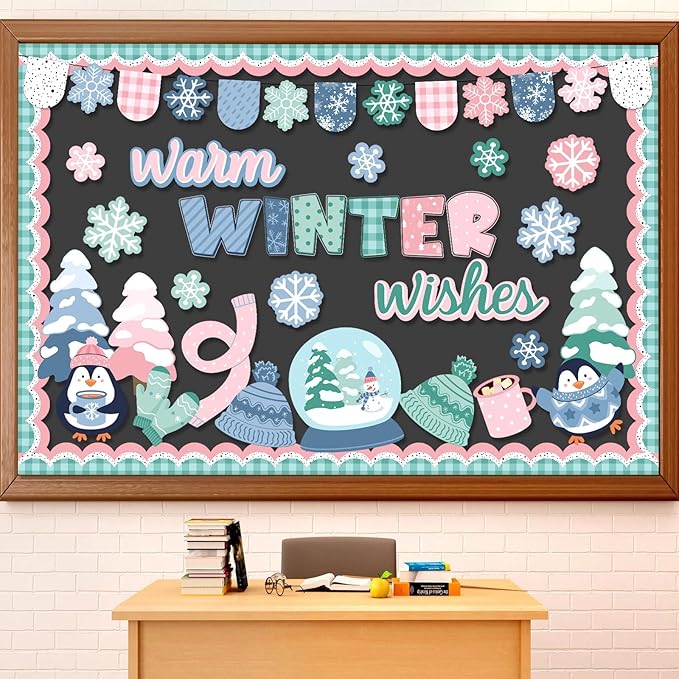 Winter Wonderland Bulletin Board Set Warm Winter Wishes Snow Globe Classroom Decorations Snowflakes Penguins Mittens Hats Trees Paper Cutouts for Office Home Library Wall Holiday Display