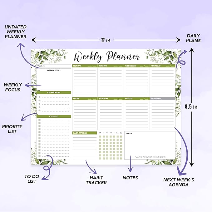 Decorably 52 Sheets Forest Green Undated Weekly Planner Tear Off Pad - 6.5x10in Spring-Bound Desk Notepad, for Focus, Priorities, to-Do List, Habit Tracker, Agenda, Notes - Home, School, Office