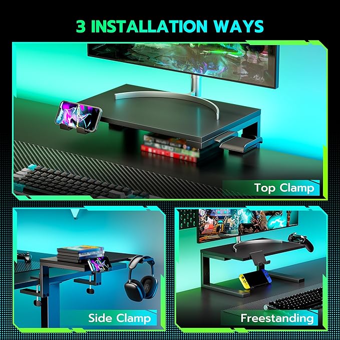 ARES WING Desk Shelf Extender, 15 inches 3 in 1 Clamp on Desk Shelf with Phone & Headset Holders, Heavy Duty Desktop Organizer for Gaming and Office Accessories, Black