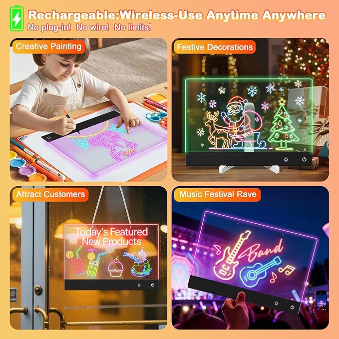 Rechargeable Lumi LED Drawing Board with 12 Markers,13.7"x10"LED Note Board Acrylic Dry Erase Board with 7 Colors Light, Doodle Glow Message Board for Halloween Christmas Birthday Gifts(Black)
