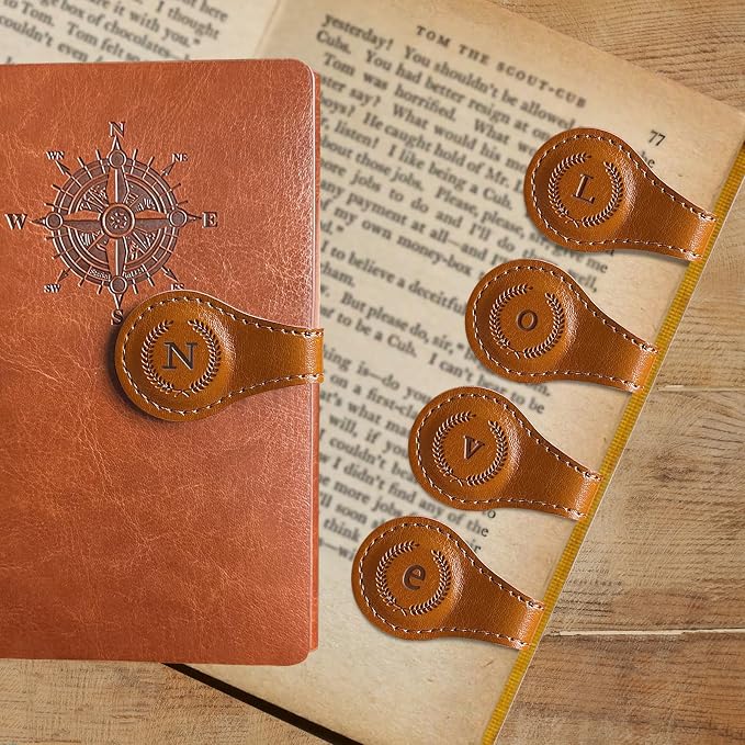 Leather Magnetic Bookmarks, 3D Embossed Alphabet Initial Letter Bookmark, Cute Page Markers for Books, Journals, Planners, Bible, Small Reading Gifts for Women Men, Teachers, Students (Brown N)