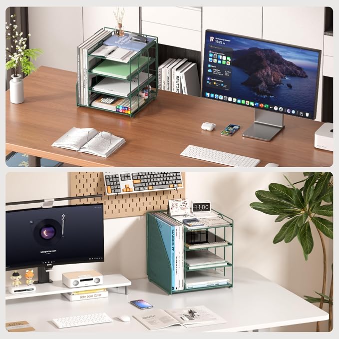 Desk File Organizer and Accessories, 4-Tier Paper Organizer with Vertical File Holder, Office Desk Accessories & Workspace Organizers and Storage for Office Supplies (Green)