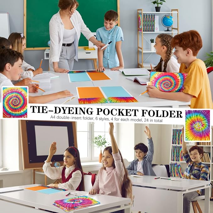 Outus 24 Pcs Tie Dye 2 Pocket Folders Letter Size Decorative File Folders Heavy Duty Office Supplies with 2 Pocket for Parent Teacher Communication Office, 12. 2 x 9. 3 Inch
