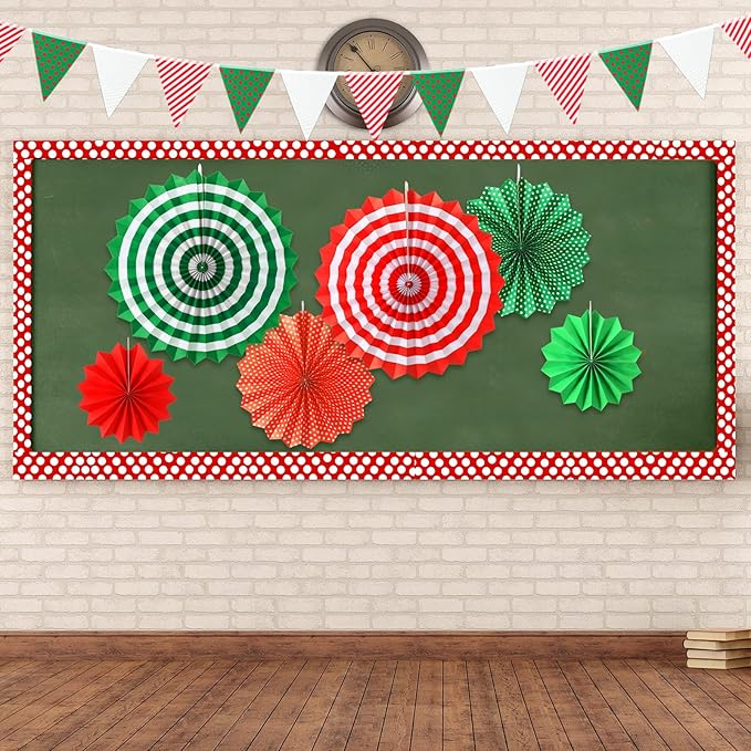 Tenare 8 Pcs Red and White Polka Dot Bulletin Board Border 10.9 Yard 6 Pcs Hanging Paper Fans 3.5 Yard Pennant Banner Flag for Classroom Home School Decor