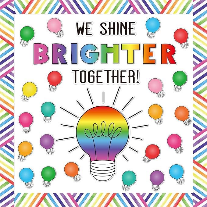 FYSUIMU 64Pcs Back to School Bulletin Board Kit Colorful Light Bulb We Shine Bright Together Paper Cutouts with 60Pcs Glue Points for First Day of School Party Classroom Wall Decor