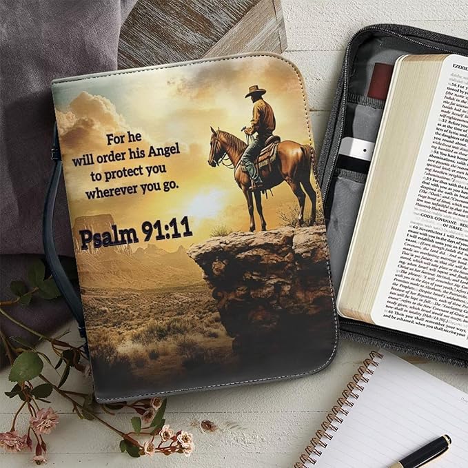 PU Bible Covers for Men Large Size Bible Case Bible Bag with Leather Bookmark (Set of 1),Western Cowboy Scripture,Medium