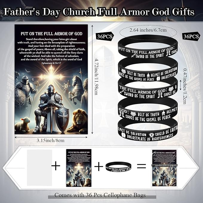 Wavwavw 36 Sets Put on The Full Armor of God Gifts Bulk Christian Fathers Day Bible Verse Wristband Bracelets Bookmarks Templar Knight Religious Supplies for Sunday School (Black)