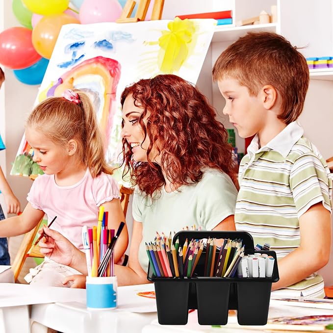 ALINK Classroom Caddy Storage Basket with Handle, 6 Pack Plastic Arts Office Crafts Caddy 4 Compartments for Kids, Pencil, Crayon, Marker, School Supplies - Black