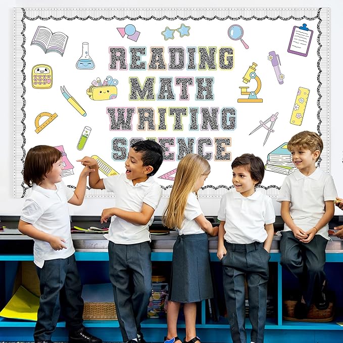Core Subjects Bulletin Board Set Composition Notebooks Classroom Decoration Reading Math Writing and Science Bulletin Board Core Subjects Pattern Signs Cutouts for Back to School Chalkboard Wall Decor