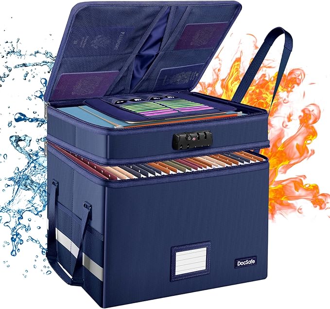 DocSafe File Box with Lock,Multi-Layer Fireproof Document Box Collapsible File Storage Organizer with Pockets/Handle,Large Portable Home Office Filing Safe for Hanging Letter/Legal Size Folders,Blue