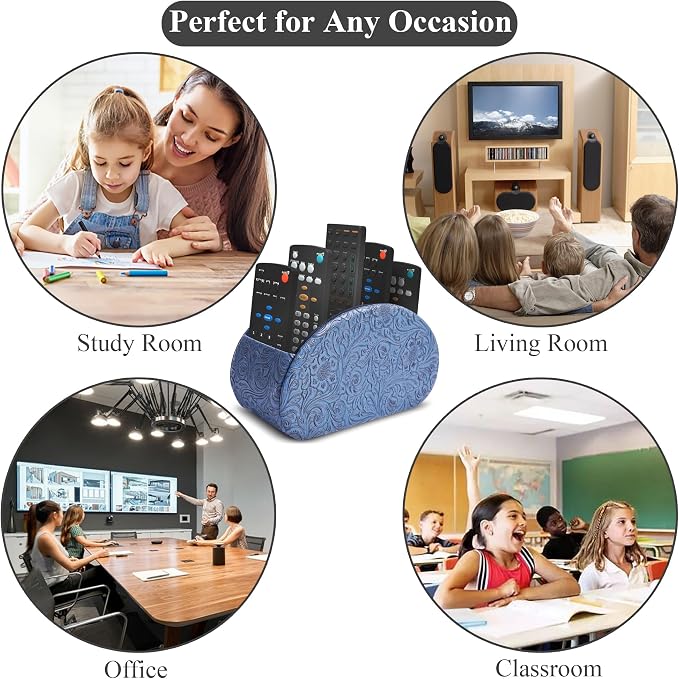 Remote Control Holder, PU Leather Remote Caddy Desktop Organizer with 5 Spacious Compartments for TV Remotes/Media Controllers/Office Supplies (1-Carved3 Blue