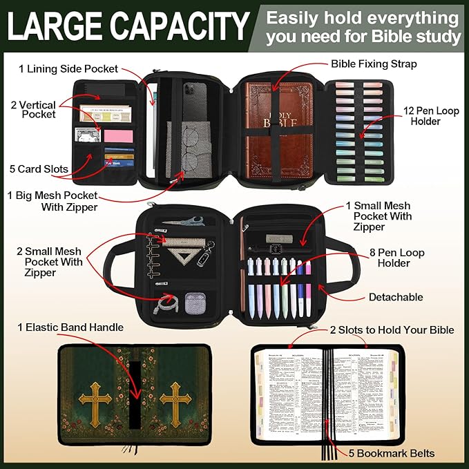Boho Floral Bible Cover Case for Women, Large Bible Bag Bible Study Supplies Journaling Kit & Highlighters Tabs Pens Cross Clips, Book Carrying Cases w/Shoulder Strap Pocket Christian Gift