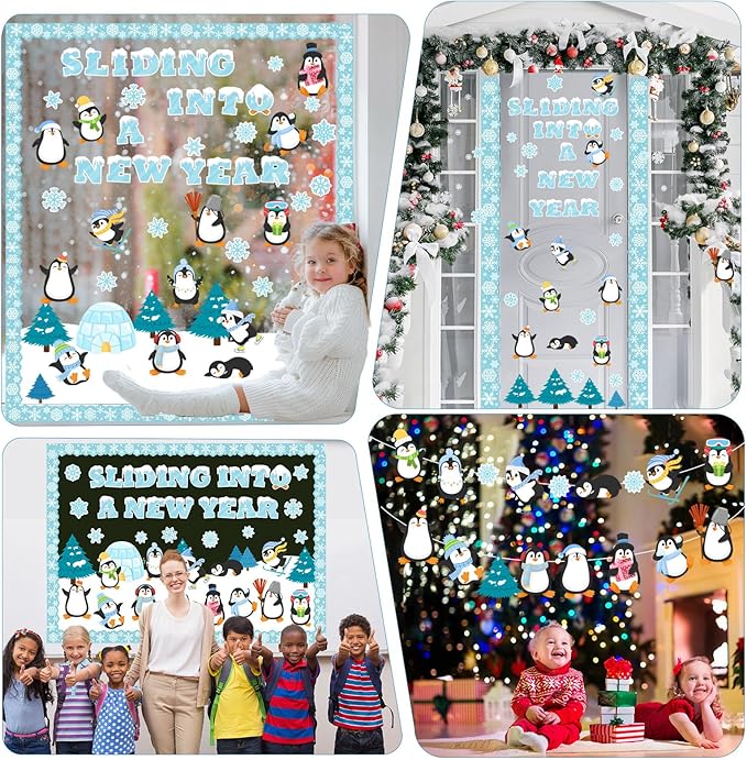 Winter Bulletin Board Set Snow Penguin Wonderland Classroom Decorations Winter Sliding Into A New Year Penguin Paper Cutouts for Holiday School Wall Decor