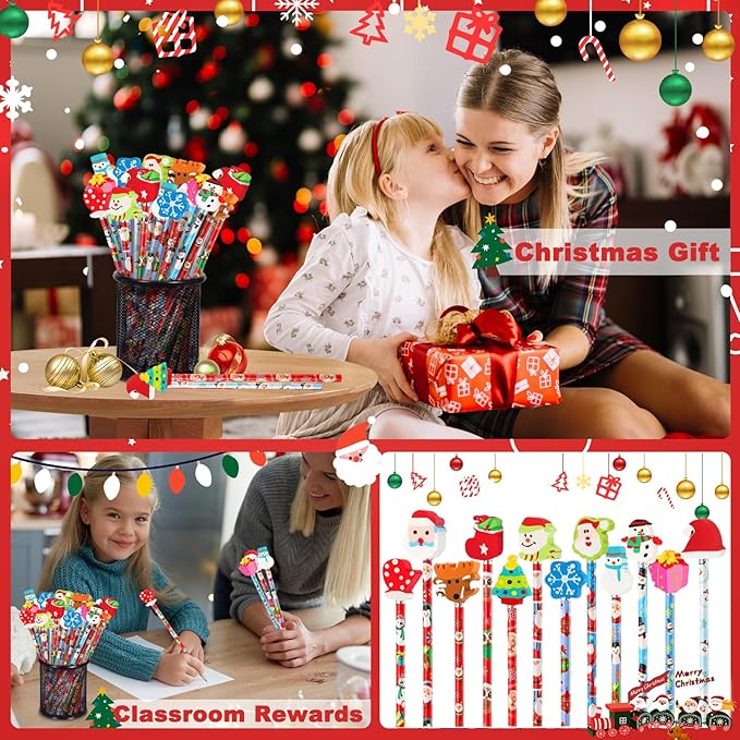 Christmas Pencils with Giant Eraser Assortment Christmas Themed Pencil Wooden Pencils for Christmas Party Supplies Xmas Stocking Stuffers, 12 Style (36)