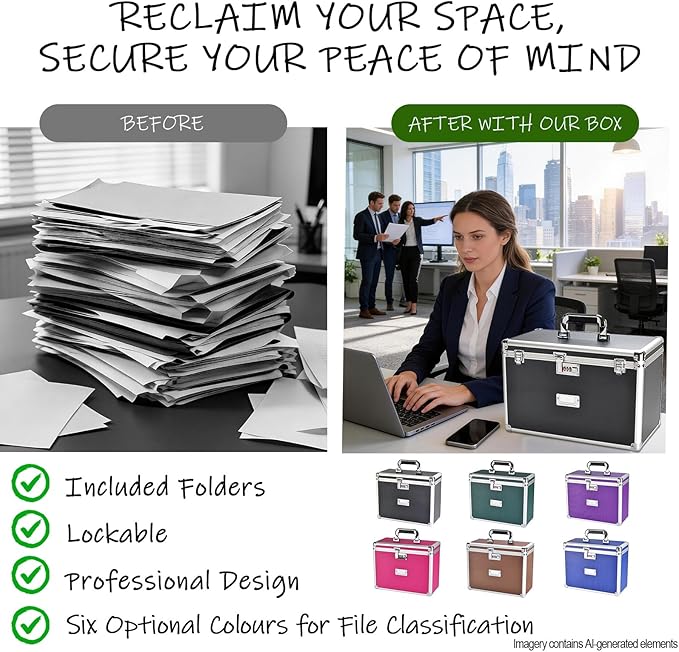 File Storage Cabinet for Legal Size Hanging File Folders, Suspension File Holder, Document Organizer Filing Lockbox in Office and Home with Combination Lock and 10-pack Hanging Files (Black, Legal)
