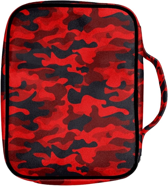 Coldinair Red Black Camo Print for Men Women Teens,Camouflage Carrying Book Case Church Bag Bible Protector with Handle and Zipper Pocket
