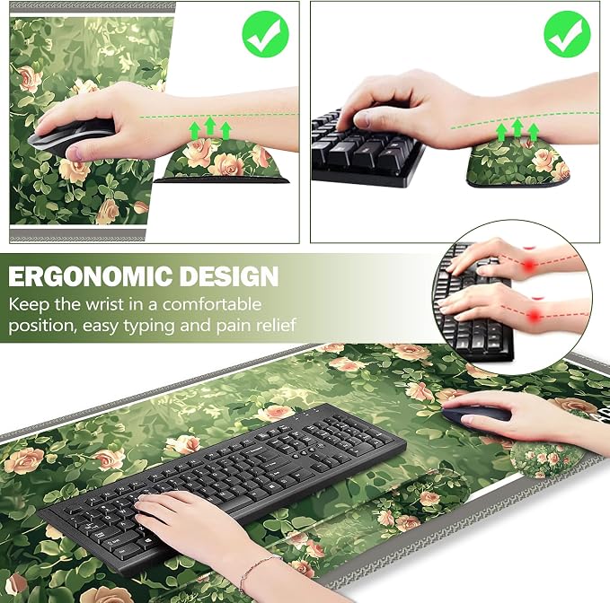 ARTSO Rose Floral Mouse Pad Wrist Support Set, Desk Mat, 4in1 XXL Large Mousepad + Keyboard Wrist Rest+Mouse Wrist Rest+Coaster Combo with Ergonomic Design for Home Office