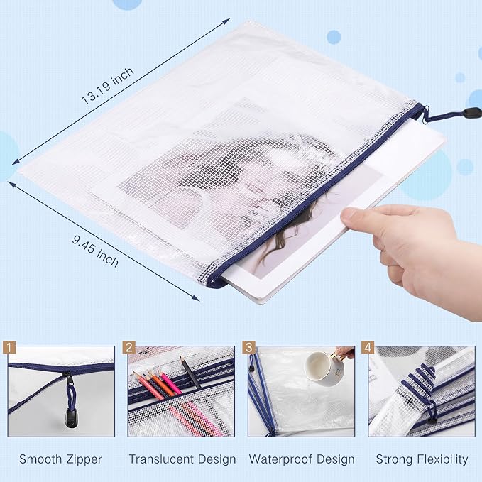 Zhehao 250 Pcs Mesh Zipper Pouch Bags Bulk A4 13.19 x 9.45 Inch Zipper Pouch Waterproof Clear Pencil File Storage Bags Organizer for Teacher School Organization Supplies (Blue)