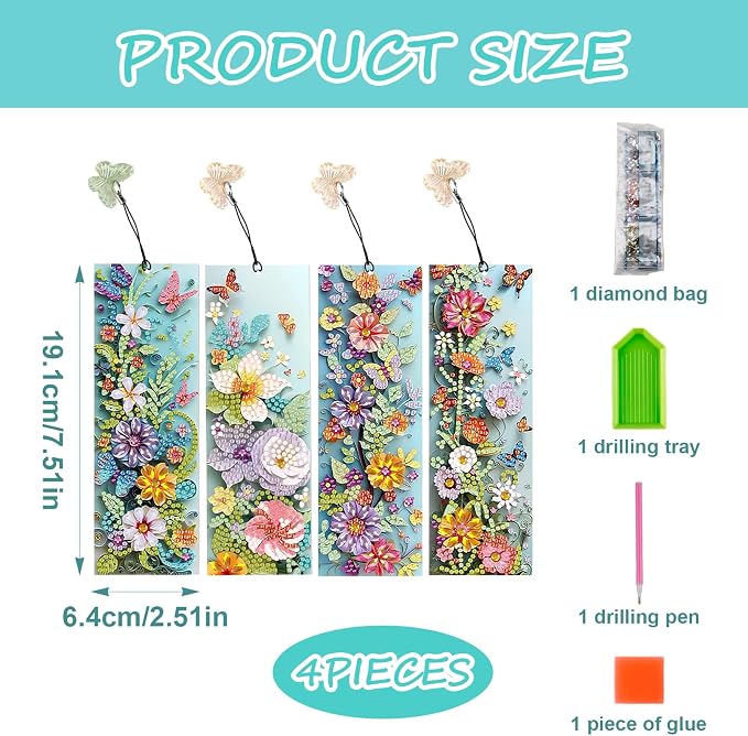 4 Pcs 5D Flowers and Butterfly Diamond Art Bookmarks,DIY Diamond Painting Book Marks with Rhinestone Tassel for Graduation Birthday Reader Gifts