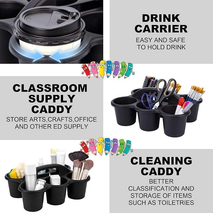 6 Pack Classroom Caddy For School,Kidsroom,Pencil Holder,Plastic Cup Caddies for Drink Delivery,Cleaning Caddy Organization For Shower Room（Black