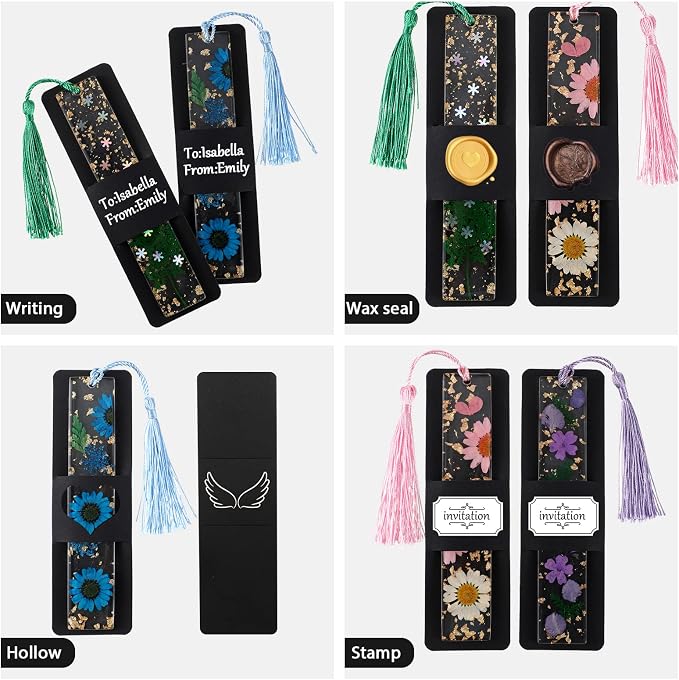 Fumete 50 Pieces Resin Bookmark Holder 5.9 x 1.8 Inches Kraft Bookmark Sleeves DIY Bookmarks Display Cards for Wrapping Small Business Packaging Supplies Party Favor Gift (Black, Cute)