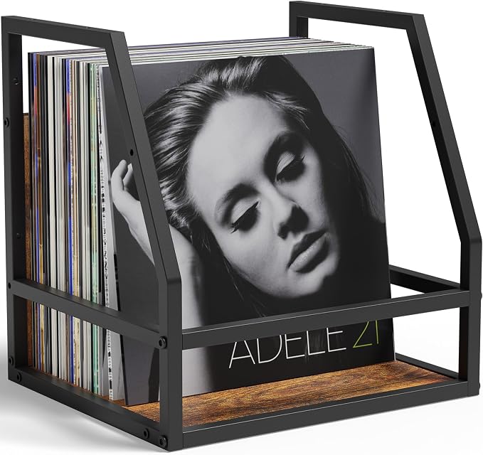 Y&M 2 In 1 Vinyl Record Storage Crate, 1PC Wood LP Holder, Wall Mount or Desktop Metal Album Organizer, Holds 80+ Records, Multifunctional Stackable Magazine Display Shelf, Brown
