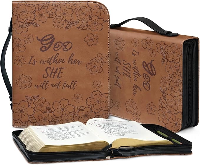 Brown Leather Study Bible Case THE GOD Print Bible Cover Case Women Durable Carrying Book Case Church Bag Bible Study Supplies Accessories Size：L