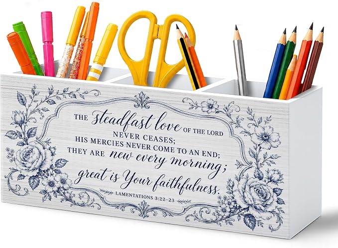 Inspirational Christian Floral Pen Pencil Holder for Desk, Christian Gifts for Women, Bible Verse Religious Wooden Pencil Holder Organizer Desk Accessories Decor for Home Office Desk