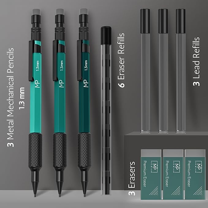 Mr. Pen- Metal Mechanical Pencil Set with Lead Refills & Erasers, 3 Pack, 1.3 mm, 3x Lead & 6x Eraser Refills, 3x Premium Erasers, Ideal for Precision Drawing Pencils for Sketching & Technical Artwork