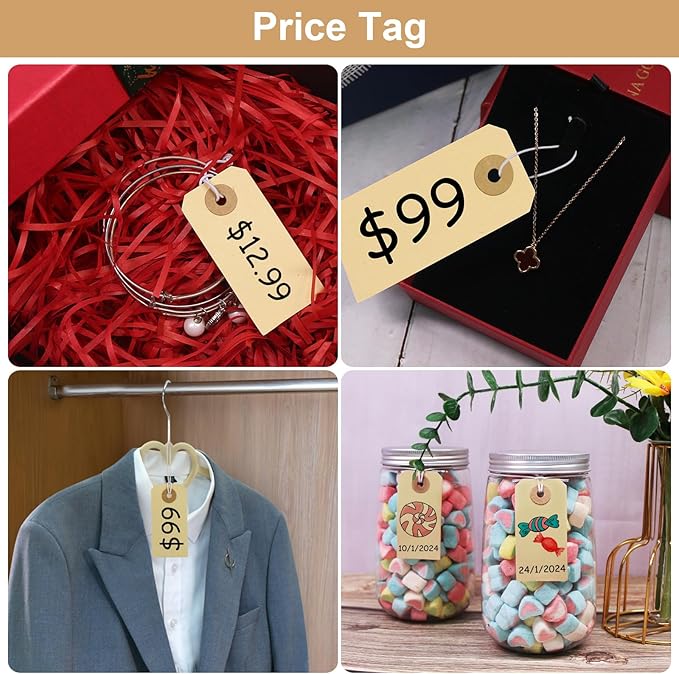 Manila Paper Tags with Elastic String - Coideal 200 Pcs Small Hang Price Tags Attached Reinforced Hole, Blank Marking Shipping Label for Hanging Gift Clothing Jewelry (2 3/4" x 1 3/8")