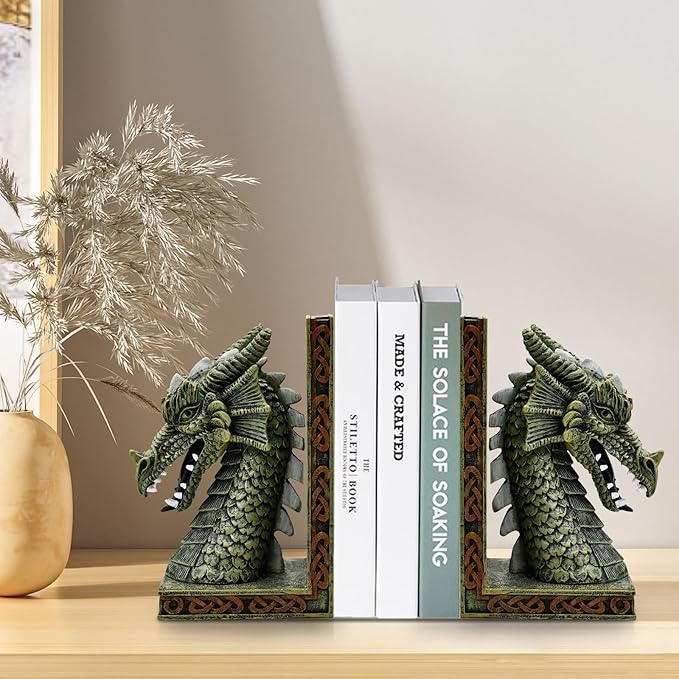 Dragon Bookends for Shelves Set of 2 - Heavy Book Ends Book Supports for Shelves, 4.15 "x 3.25 "x7 Unique Dragon Design Copper（10 Inch）
