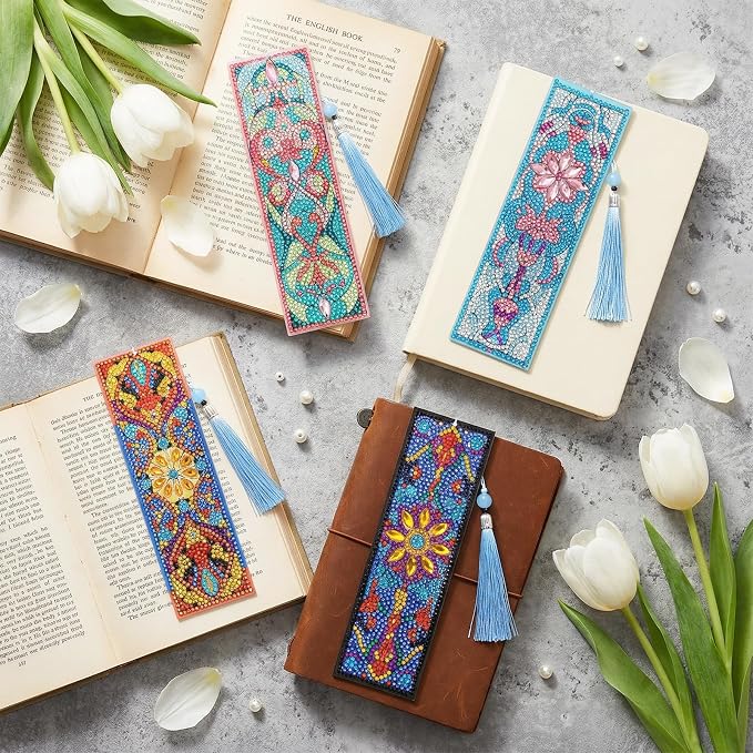12Pcs DIY Diamond Art Bookmarks Kits Acrylic Painting Bookmarks with Rhinestone Flower Patterns Tassels for Adults Book Lover Craft Making