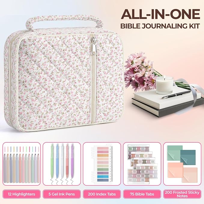 Quilted Bible Cover Case for Women with Bible Study Supplies Journaling Kit Floral Bible Bag Carrying Case with Pastel Highlighters Tabs, Women Christmas Christian Gifts (Pink Floral, L)