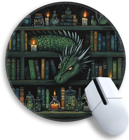 Gctriki Gothic Dragon Mouse Pad with Stitched Edges, Small Round Mouse Pads for Desk, Funny Travel Mousepad for Computer Laptop Office Desk Accessories Decor Mystical Library Vintage Book 8.6 inch