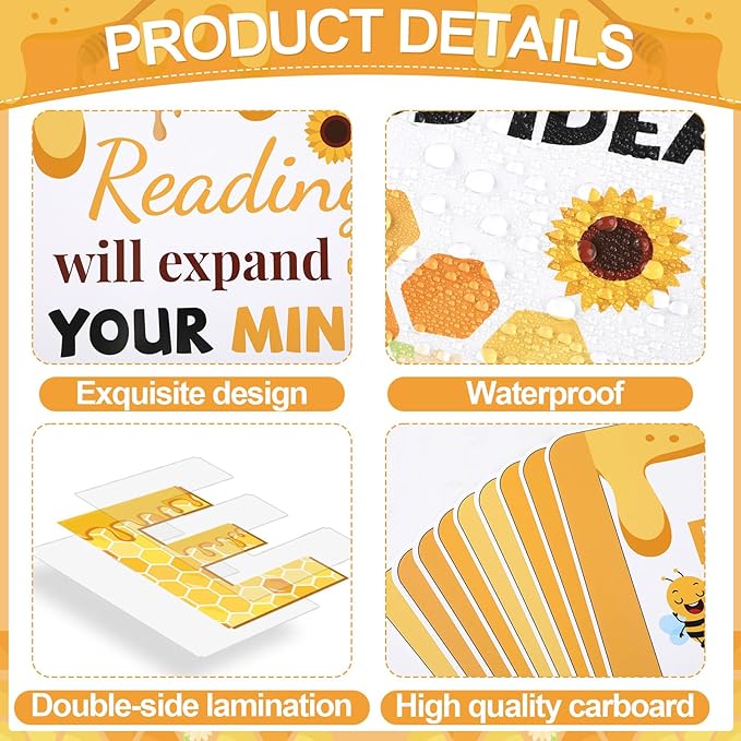 Qyeahkj Bee Reading Bulletin Board Poster for Classroom Motivational Bulletin Board Bumble Bee Sunflower Cutouts Elementary Educational Prints Poster for Teachers Kindergarten Preschool Library